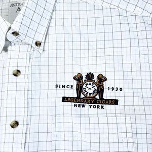 ANTIGUA Mens L White Striped Embroidered Legendary Cigars NY Long Sleeve Shirt